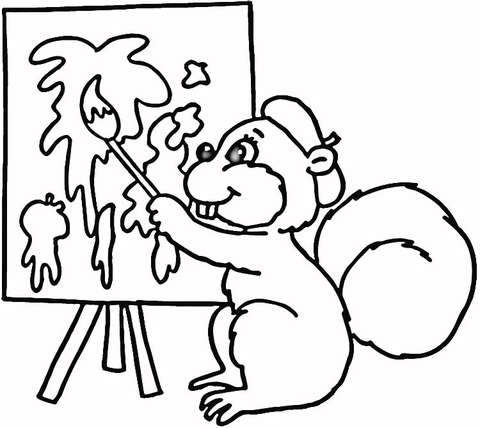 Squirrel Painter  Coloring Page